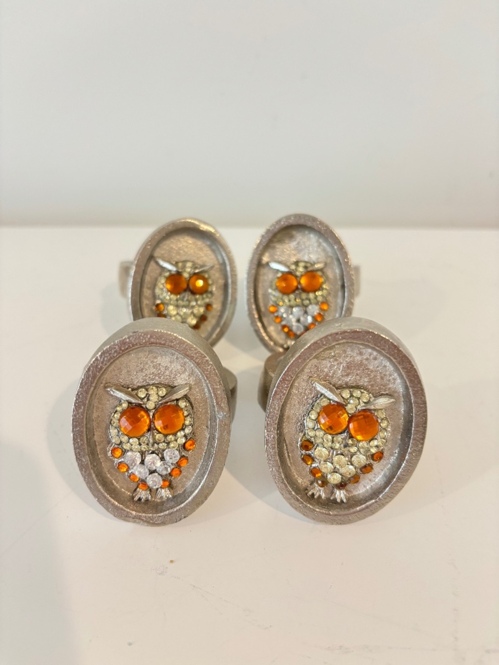 Vintage napkin rings silver toned metal oval bezel detailed owl rhinestone FOUR